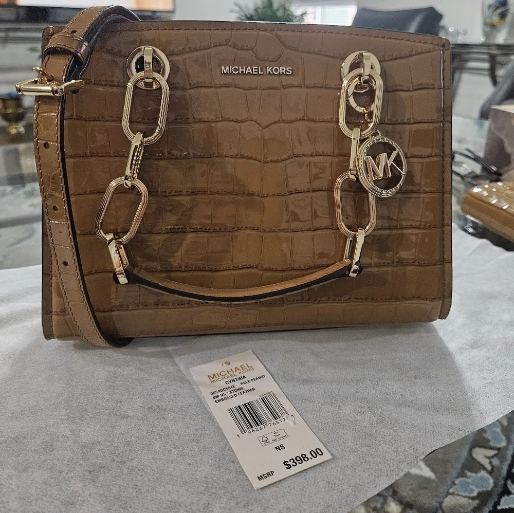 NWT Michael Kors Cynthia Small Croc Embossed Leather Satchel Chestnut